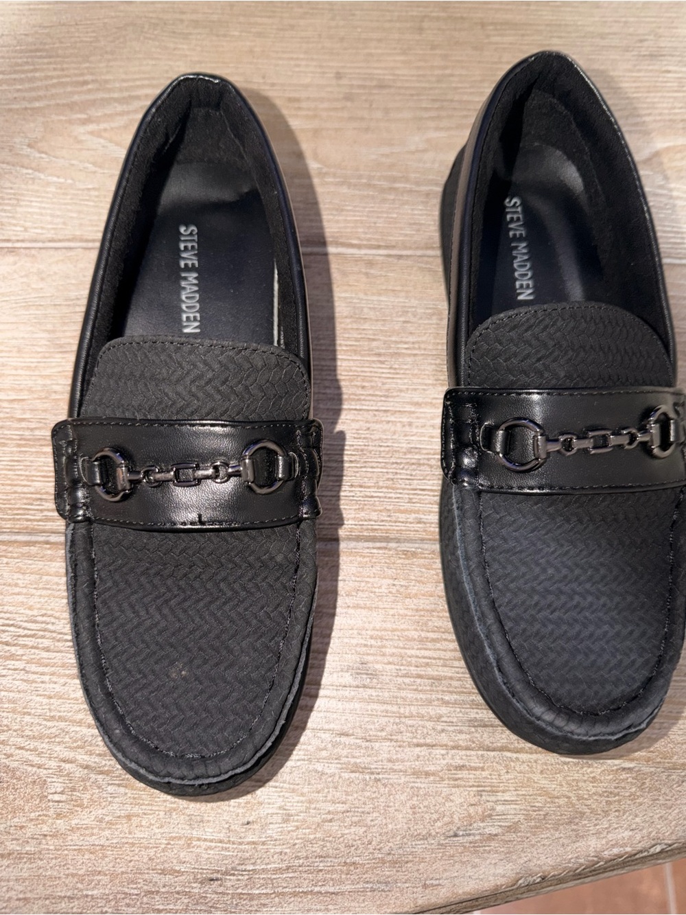 Steve Madden Black Chain-Trim Slip-On Loafers